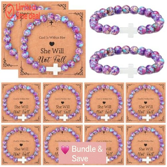 12-Piece Natural Stone Cross Bracelets with Religious Cards for Women - Picture 2 of 8